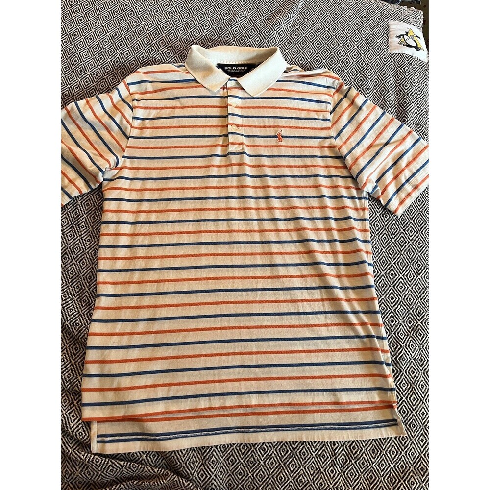 Polo Golf Ralph Lauren Shirt Mens M Orange Blue Stripe Pima Pony Contrast